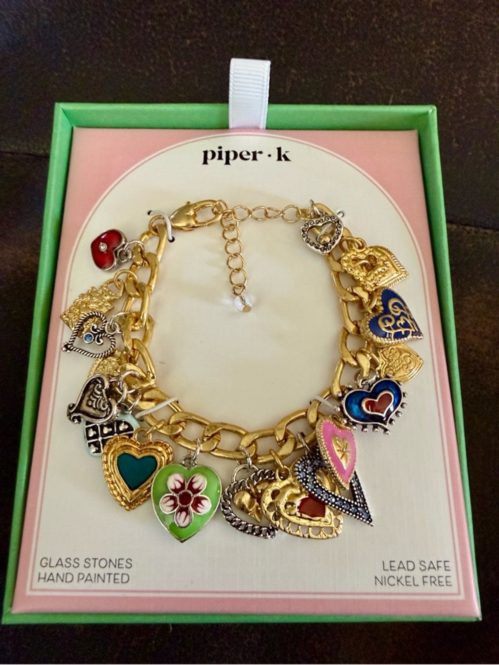 NIB Piper K Gold Multicolor Heart Charm Bracelet